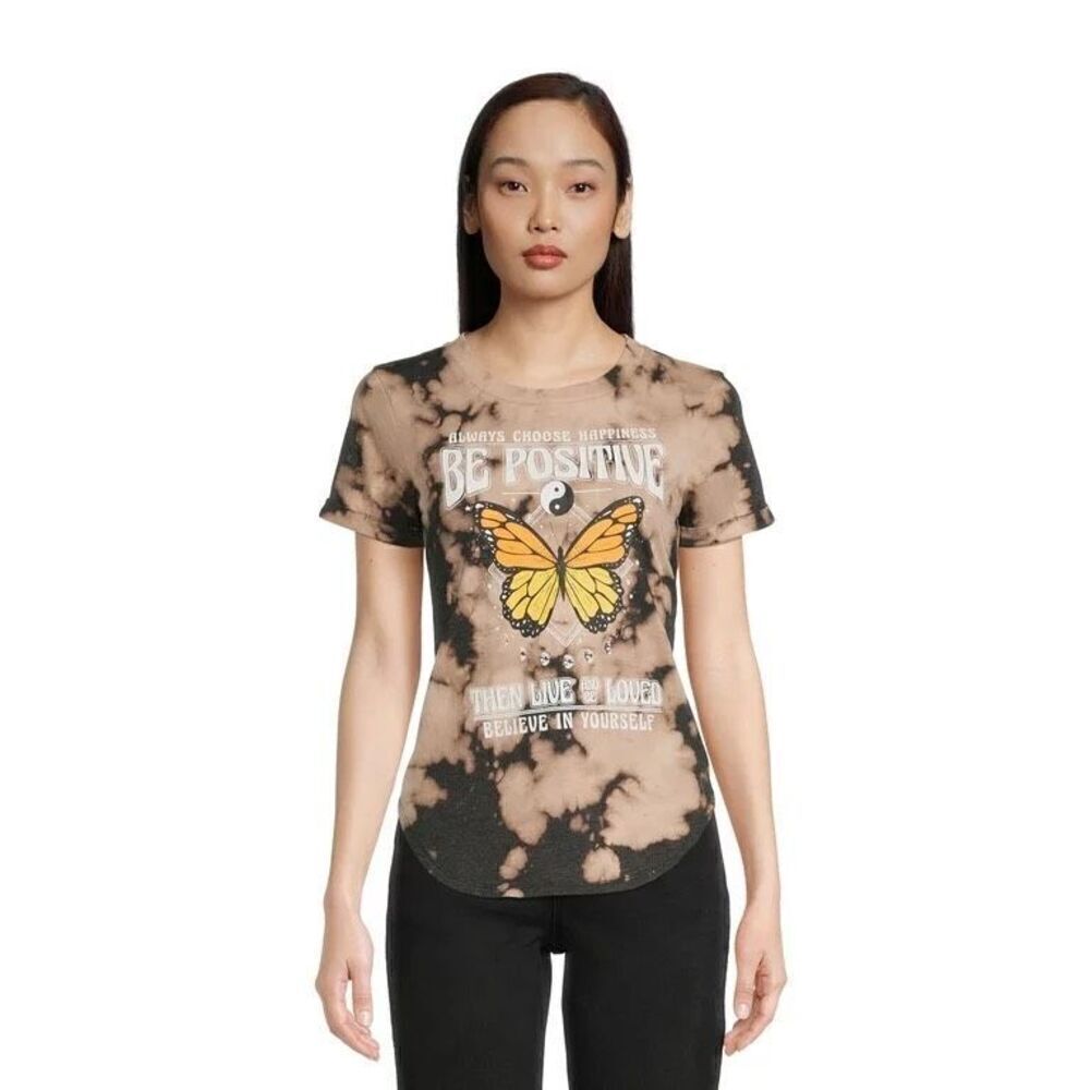 Junior Womens No Boundaries Be Positive Bleach Dyed Tee Shirt - Sz S
